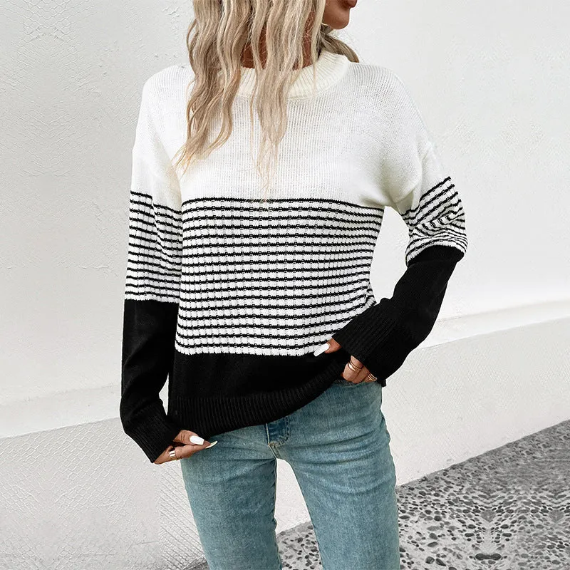 Damen Relaxed-Fit Blockstreifen-Feinstrickpullover mit Rippbündchen und überschnittener Schulter Nord Taschen