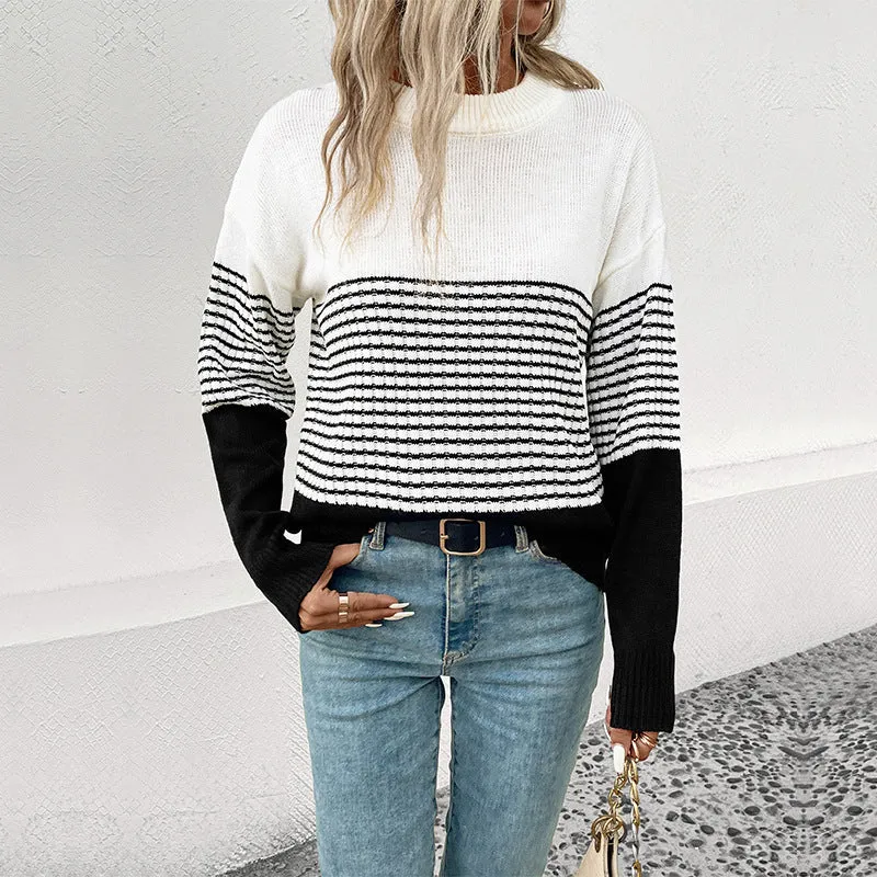 Damen Relaxed-Fit Blockstreifen-Feinstrickpullover mit Rippbündchen und überschnittener Schulter Nord Taschen
