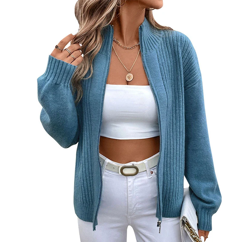 Damen Reißverschluss-Strickjacke mit Stehkragen, Rippenstruktur und Ballonärmeln Nord Taschen
