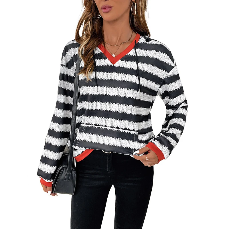 Damen Pullover-Hoodie im Ringelstrick mit V-Ausschnitt, Kängurutasche und Kontrastbündchen Nord Taschen