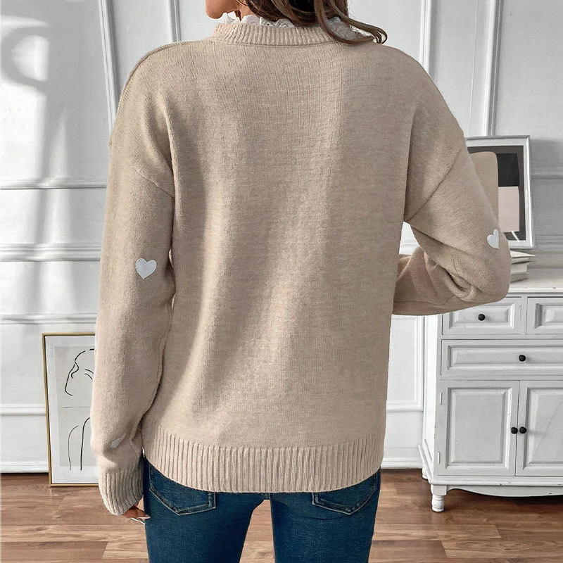 Damen V‑Ausschnitt Feinstrickpullover mit Herz‑Intarsien und gerippten Bündchen Nord Taschen