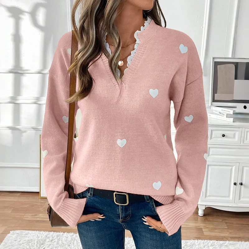 Damen V‑Ausschnitt Feinstrickpullover mit Herz‑Intarsien und gerippten Bündchen Nord Taschen