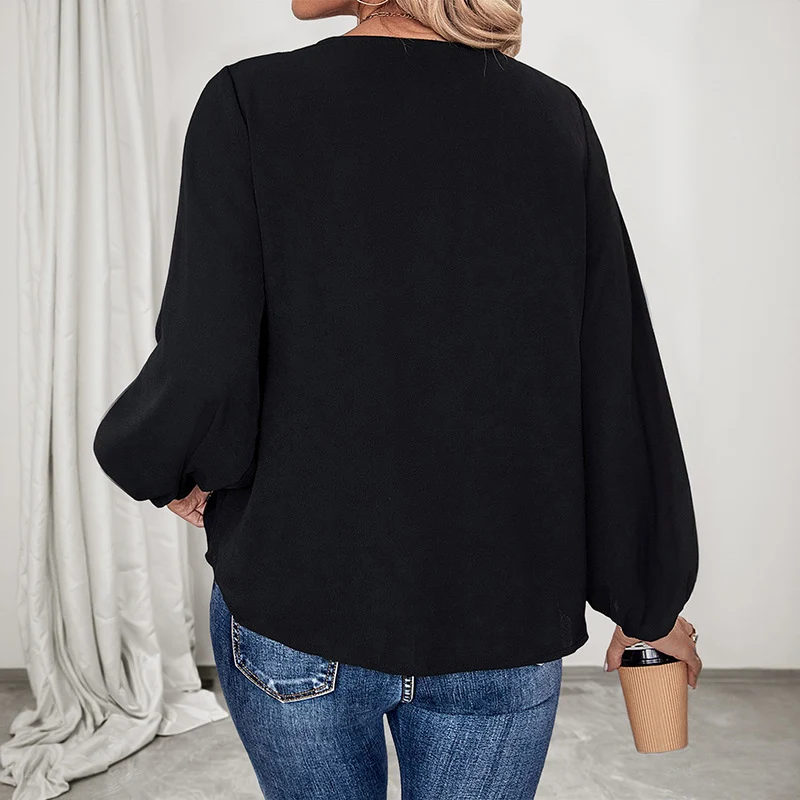 Damen V‑Ausschnitt Bluse mit Leoprint‑Zierband und luftigen Ballonärmeln Nord Taschen