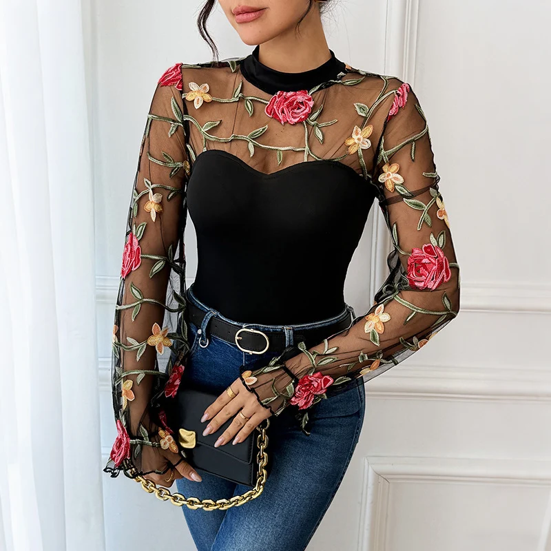 Damen Transparenter Mesh-Body mit floraler Stickerei, Stehkragen und Bustier-Optik Nord Taschen