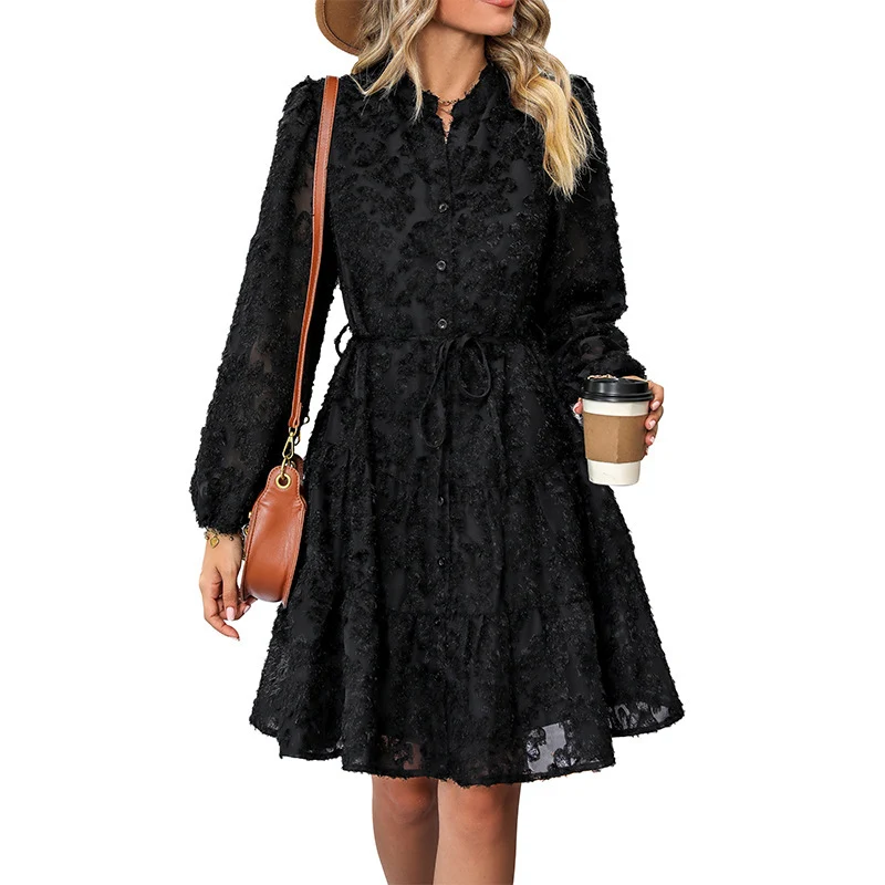 Damen Texturiertes Blusen‑Skaterkleid mit Volantstufen, durchgehender Knopfleiste und Taillenzug Nord Taschen