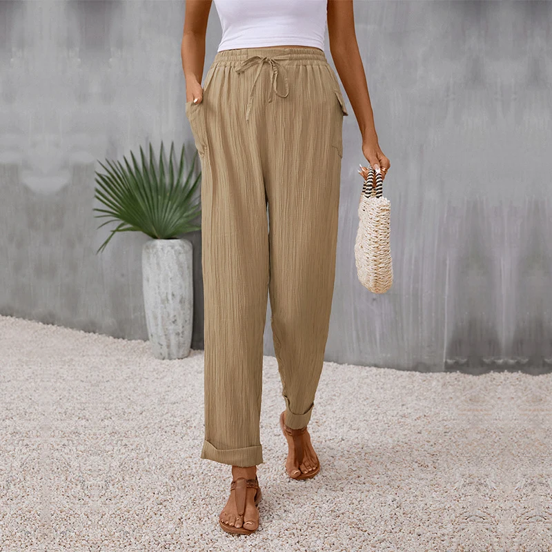 Damen Leichte Leinenoptik-Hose mit Gummibund, Tunnelzug und geradem Bein Nord Taschen