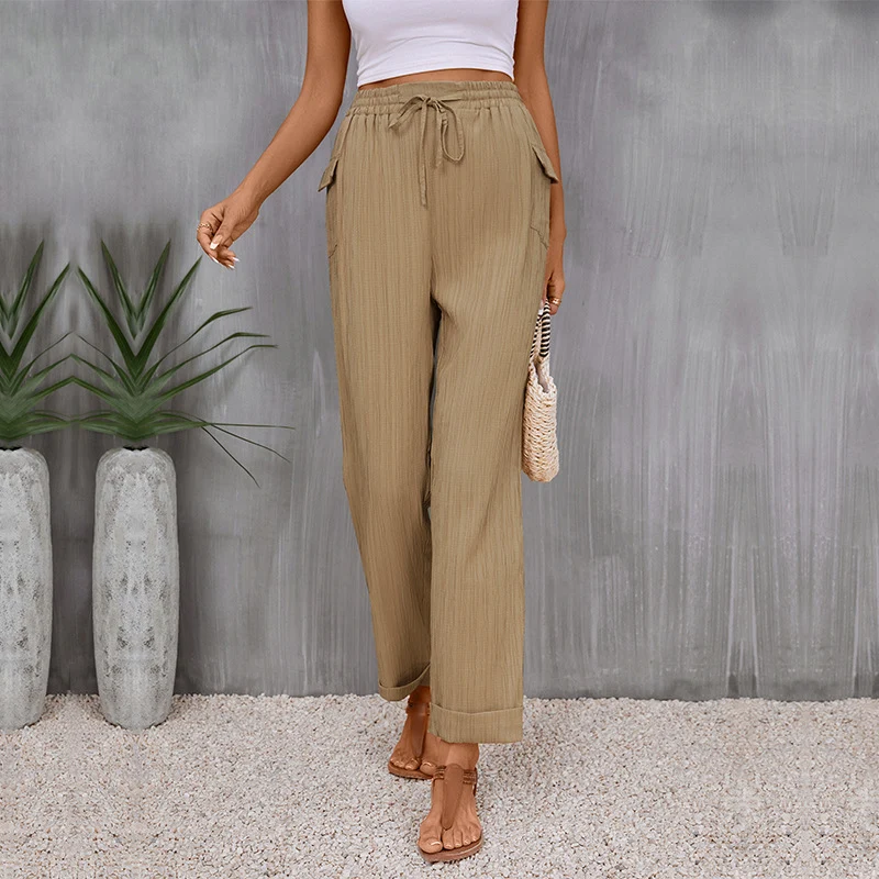 Damen Leichte Leinenoptik-Hose mit Gummibund, Tunnelzug und geradem Bein Nord Taschen