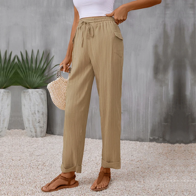 Damen Leichte Leinenoptik-Hose mit Gummibund, Tunnelzug und geradem Bein Nord Taschen