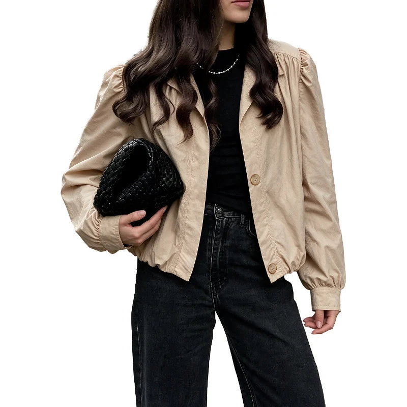 Damen Leichte Kurzjacke mit Ballonärmeln, Puffschultern & Gummizugsaum Nord Taschen