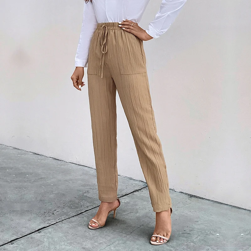 Damen Leichte Crinkle-Hose mit hohem Elastikbund, Tunnelzug und aufgesetzten Taschen Nord Taschen