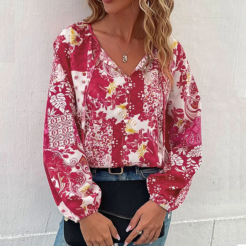 Damen Leichte Boho-Bluse mit Patchwork‑Print, Bindeschlitz und Ballonärmeln Nord Taschen