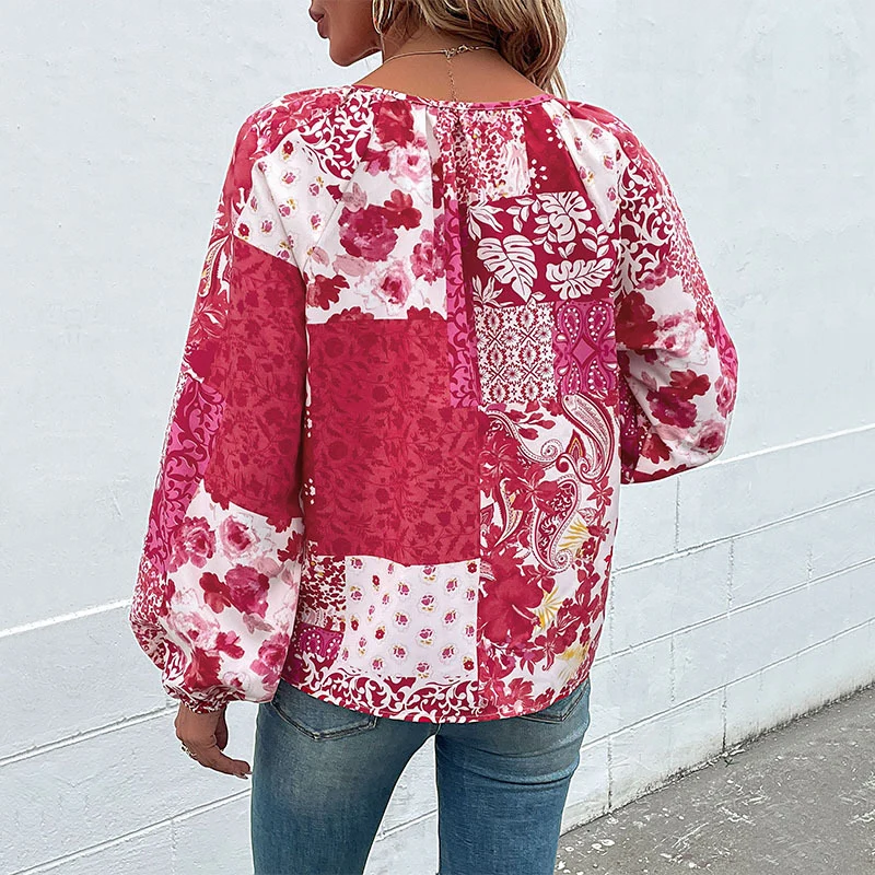 Damen Leichte Boho-Bluse mit Patchwork‑Print, Bindeschlitz und Ballonärmeln Nord Taschen
