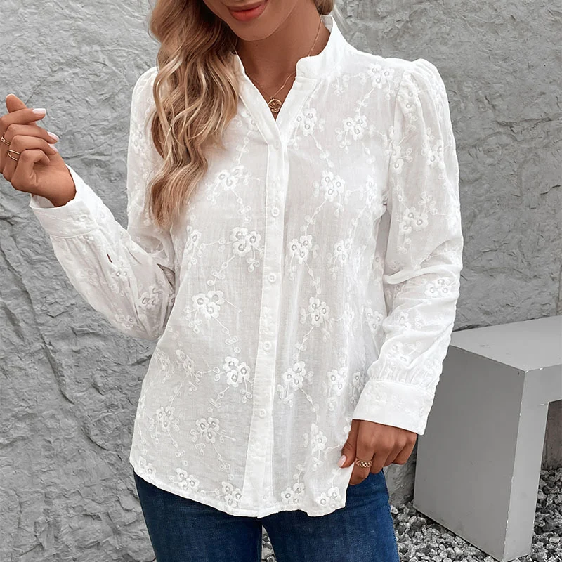 Damen Leichte bestickte Voile-Bluse mit Stehkragen und durchgehender Knopfleiste Nord Taschen