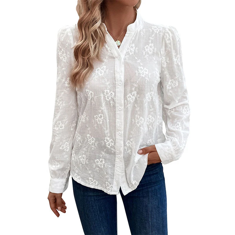 Damen Leichte bestickte Voile-Bluse mit Stehkragen und durchgehender Knopfleiste Nord Taschen
