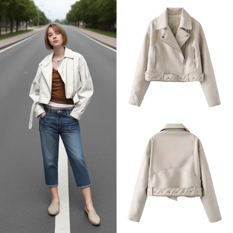 Damen Kurzjacke im Bikerstil aus soften Kunstleder mit Taillenriegel Nord Taschen