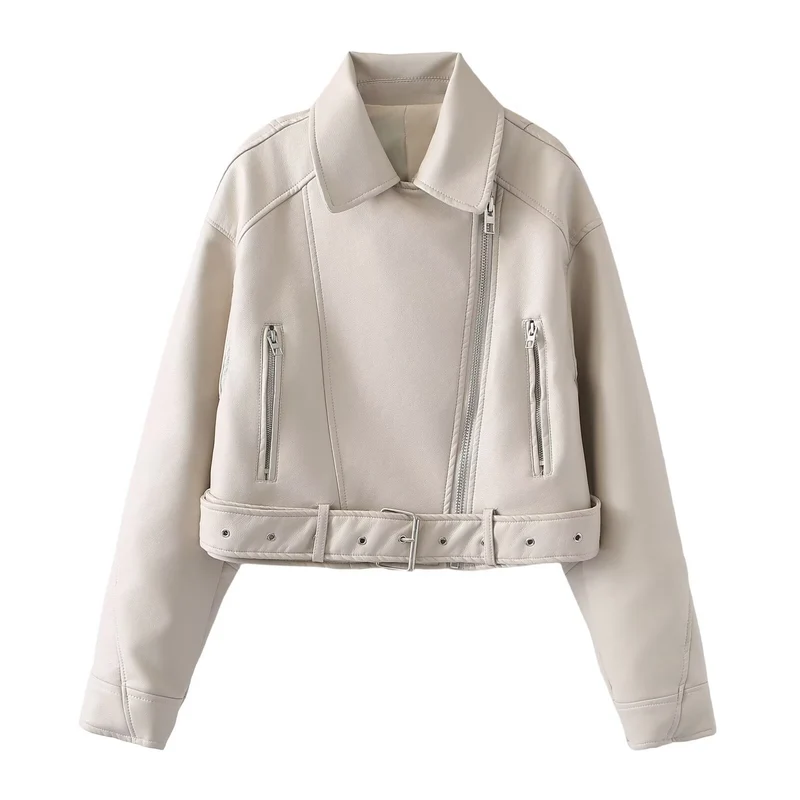 Damen Kurzjacke im Bikerstil aus soften Kunstleder mit Taillenriegel Nord Taschen