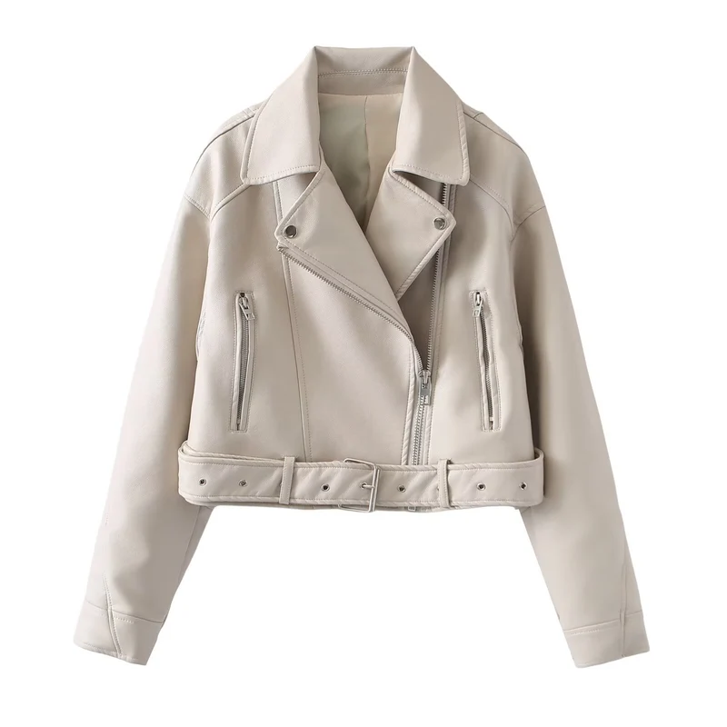 Damen Kurzjacke im Bikerstil aus soften Kunstleder mit Taillenriegel Nord Taschen