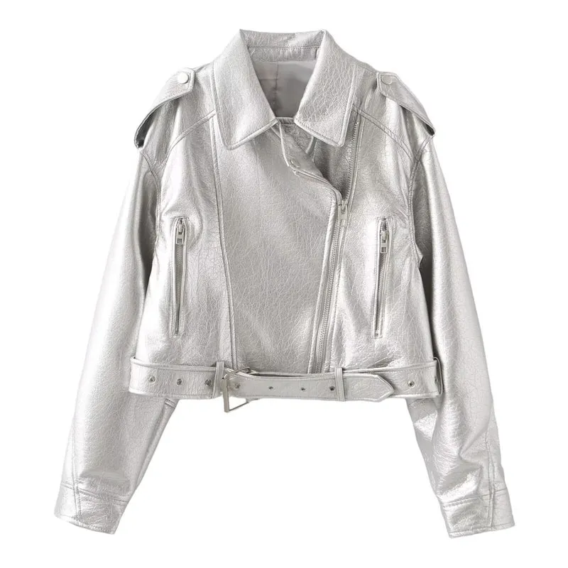 Damen Kurzjacke im Bikerstil aus soften Kunstleder mit Taillenriegel Nord Taschen