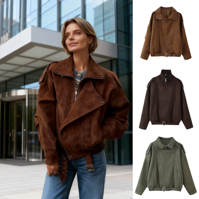 Damen Kurzjacke im Biker-Blouson-Stil mit Gürtel und asymmetrischer Klappe Nord Taschen
