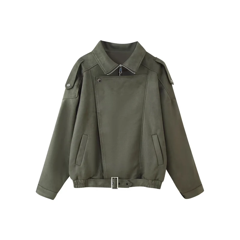Damen Kurzjacke im Biker-Blouson-Stil mit Gürtel und asymmetrischer Klappe Nord Taschen