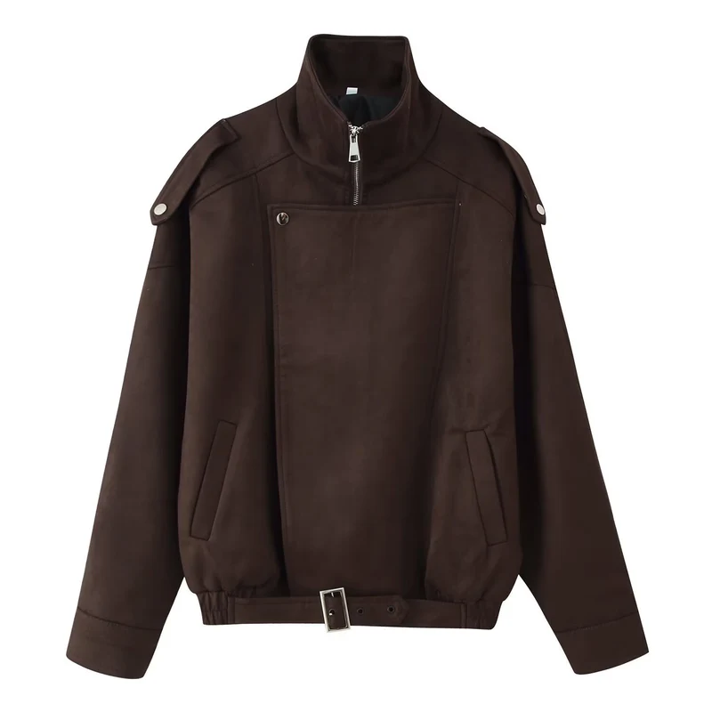 Damen Kurzjacke im Biker-Blouson-Stil mit Gürtel und asymmetrischer Klappe Nord Taschen