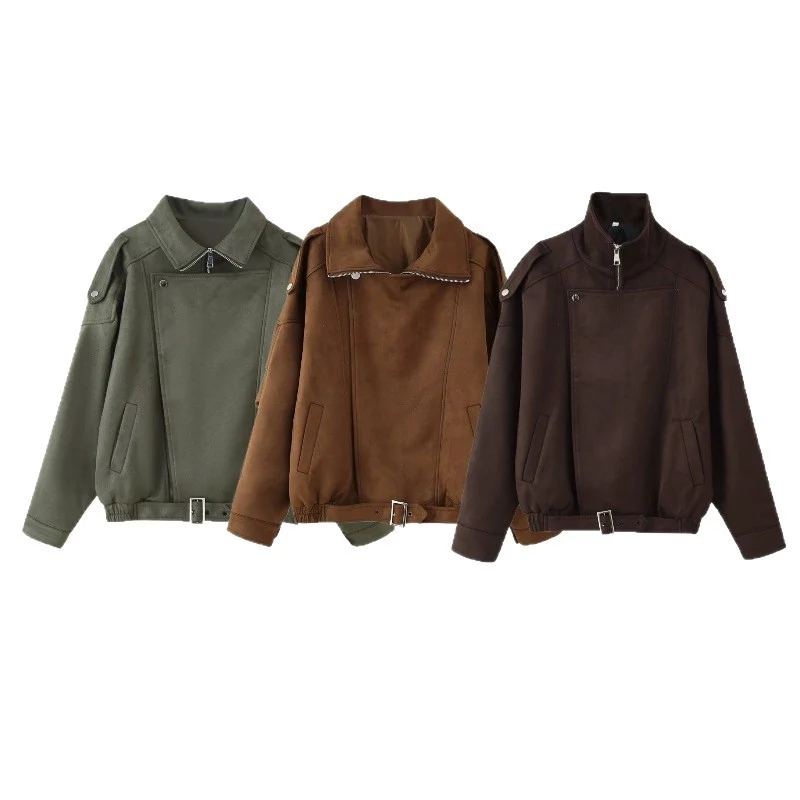 Damen Kurzjacke im Biker-Blouson-Stil mit Gürtel und asymmetrischer Klappe Nord Taschen