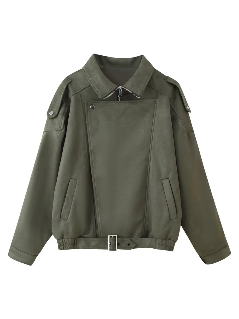 Damen Kurzjacke im Biker-Blouson-Stil mit Gürtel und asymmetrischer Klappe Nord Taschen