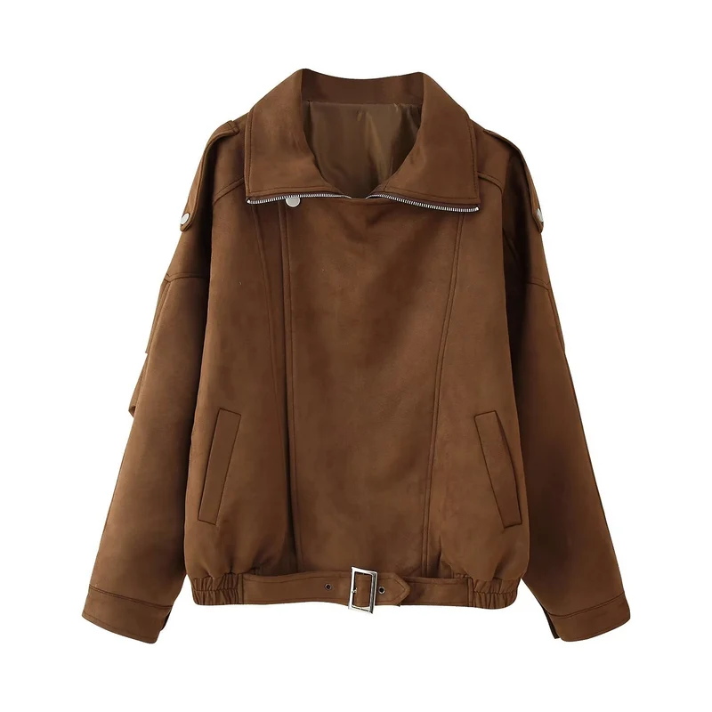 Damen Kurzjacke im Biker-Blouson-Stil mit Gürtel und asymmetrischer Klappe Nord Taschen