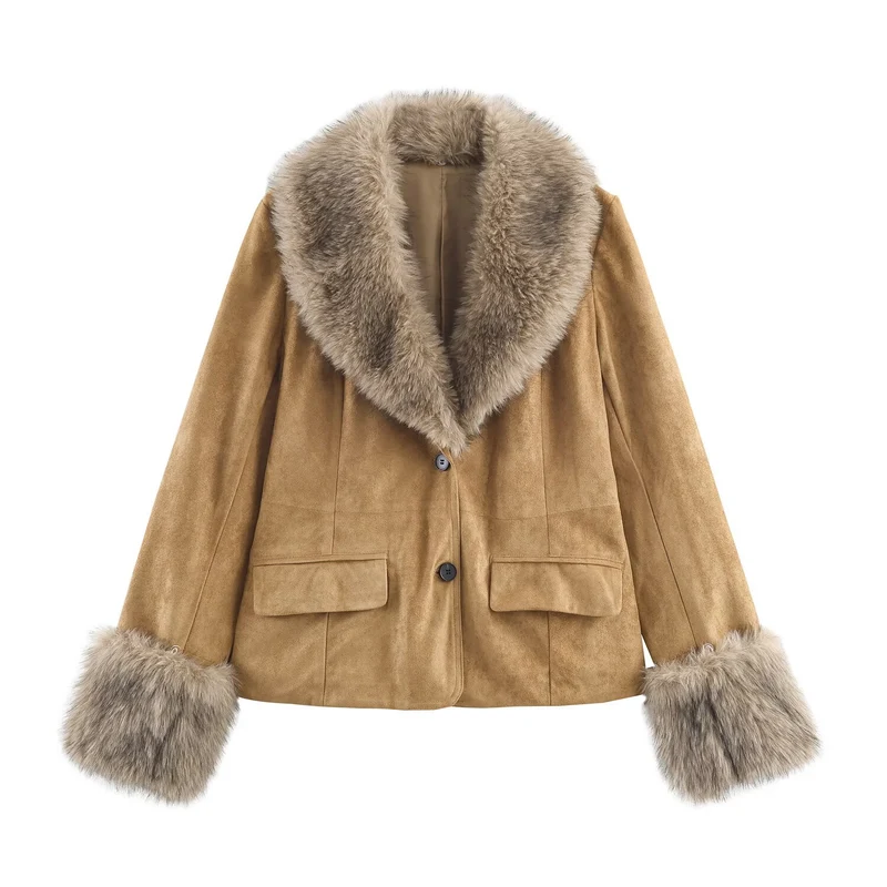 Damen Kurzjacke aus Wildlederoptik mit voluminösem Kunstfellkragen und Fellmanschetten Nord Taschen