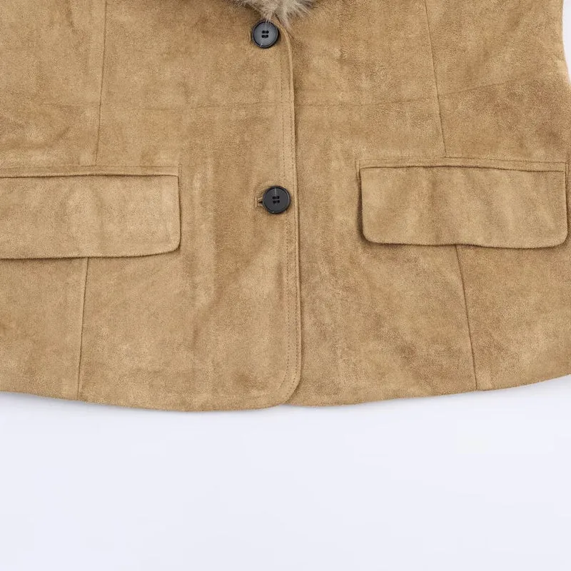 Damen Kurzjacke aus Wildlederoptik mit voluminösem Kunstfellkragen und Fellmanschetten Nord Taschen