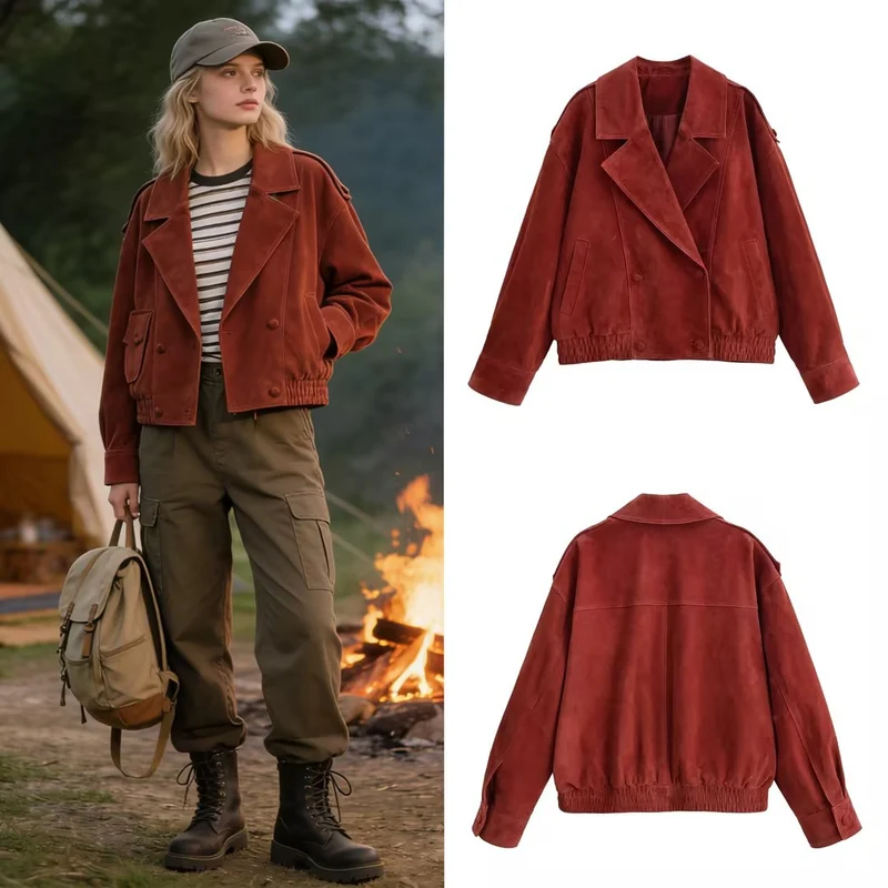Damen Kurzjacke aus Veloursleder im Oversize‑Schnitt mit doppelreihiger Knopfleiste Nord Taschen