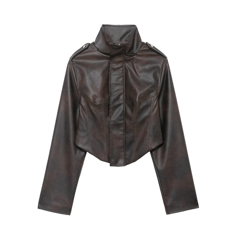 Damen Kurzjacke aus Lederimitat mit hohem Stehkragen, Schulterklappen und taillierter Silhouette Nord Taschen
