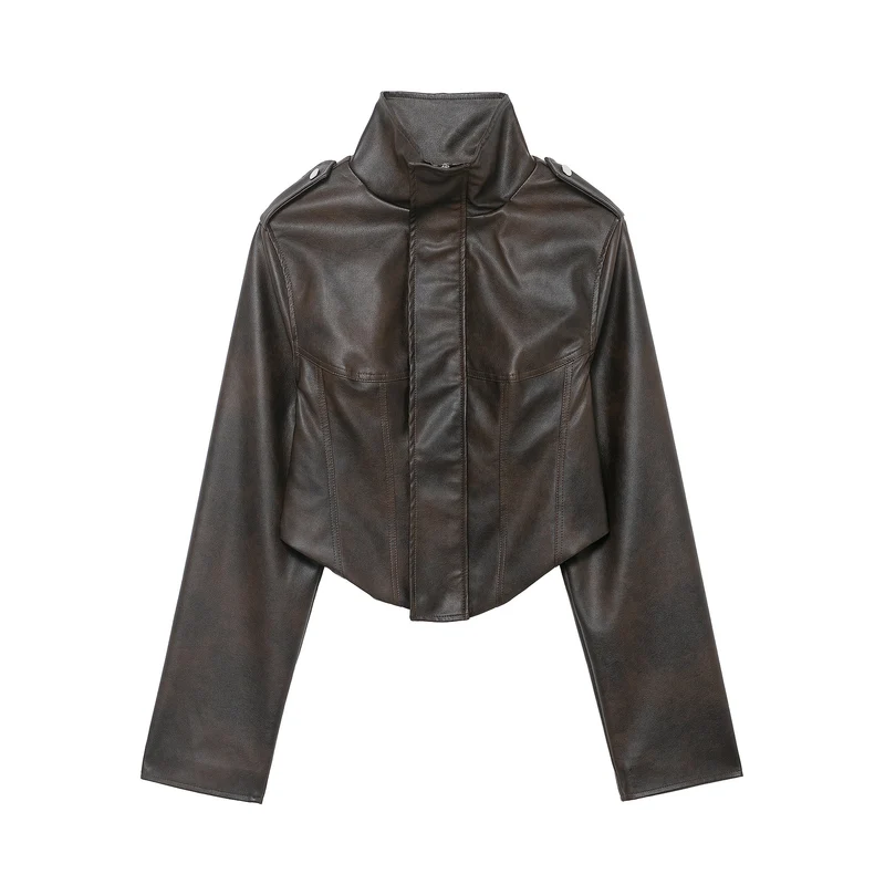 Damen Kurzjacke aus Lederimitat mit hohem Stehkragen, Schulterklappen und taillierter Silhouette Nord Taschen
