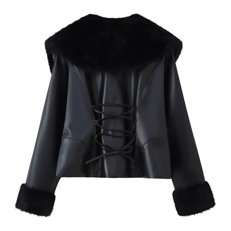 Damen Kurzjacke aus Kunstleder mit voluminösem Faux-Fur-Kragen und Fellmanschetten Nord Taschen