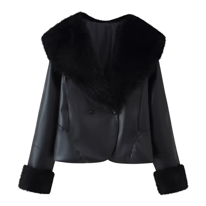 Damen Kurzjacke aus Kunstleder mit voluminösem Faux-Fur-Kragen und Fellmanschetten Nord Taschen