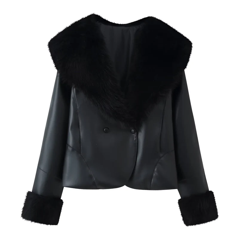Damen Kurzjacke aus Kunstleder mit voluminösem Faux-Fur-Kragen und Fellmanschetten Nord Taschen