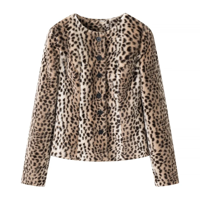 Damen Kurzjacke aus Kunstfell mit Leopardenmuster und Knopfleiste Nord Taschen