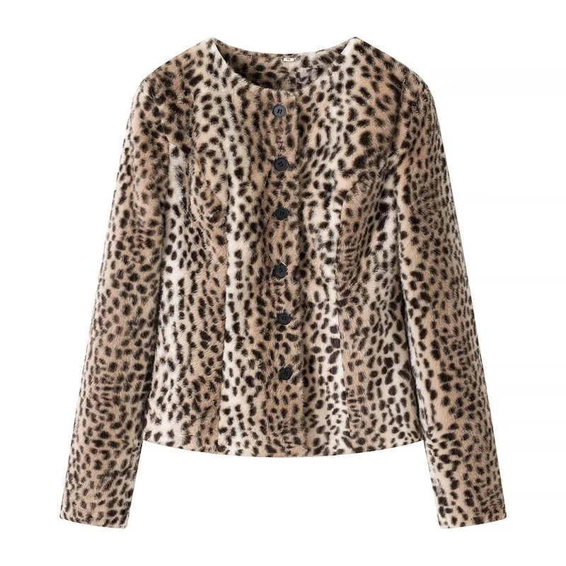 Damen Kurzjacke aus Kunstfell mit Leopardenmuster und Knopfleiste Nord Taschen