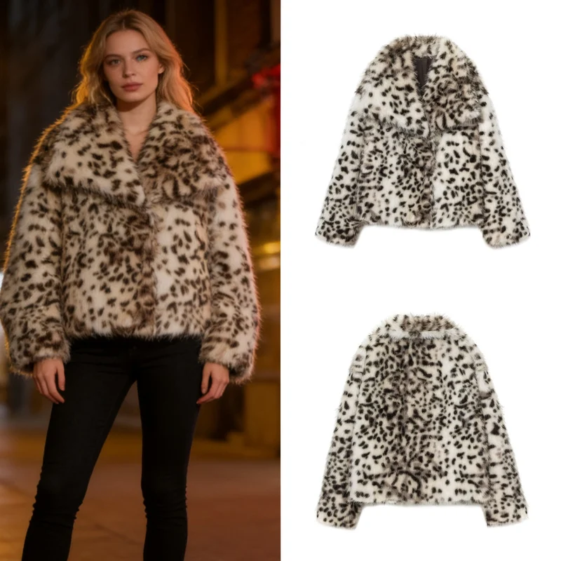 Damen Kurzjacke aus Kunstfell mit Leopard-Print und voluminösem Schalkragen Nord Taschen