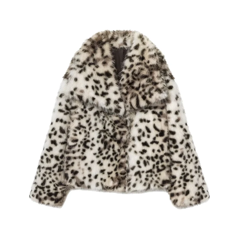 Damen Kurzjacke aus Kunstfell mit Leopard-Print und voluminösem Schalkragen Nord Taschen