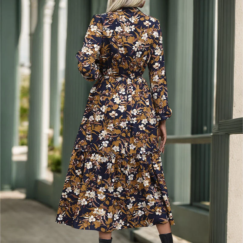 Damen Langärmeliges Midikleid mit Bindegürtel, Stufensaum und seitlichem Schlitz Nord Taschen