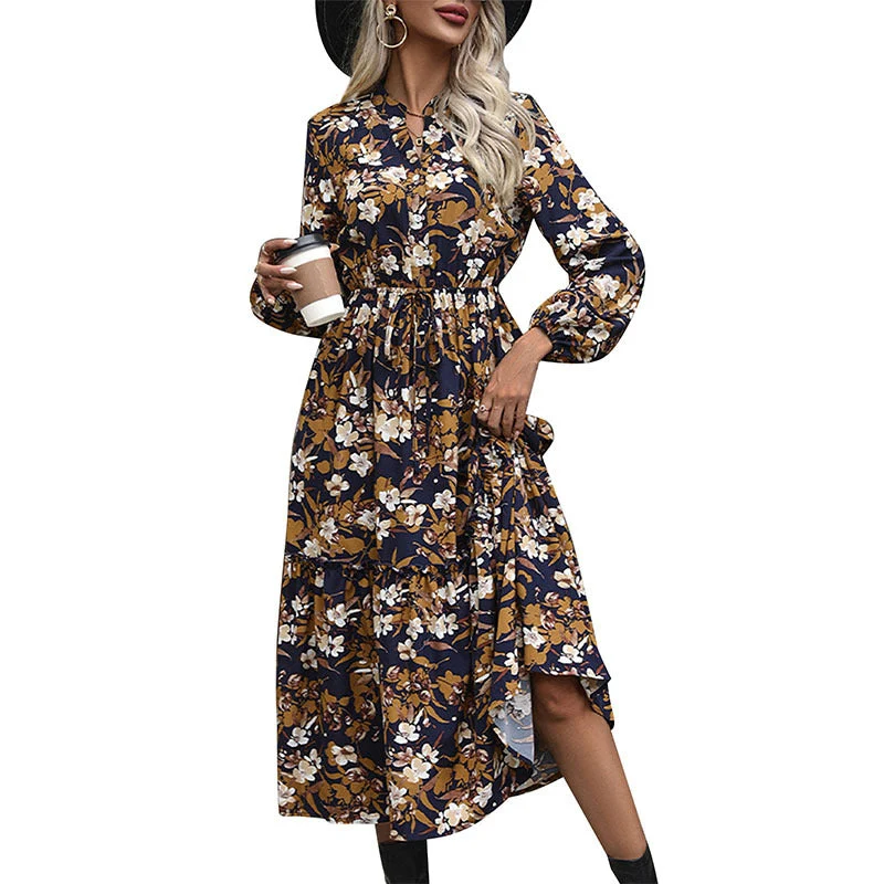 Damen Langärmeliges Midikleid mit Bindegürtel, Stufensaum und seitlichem Schlitz Nord Taschen