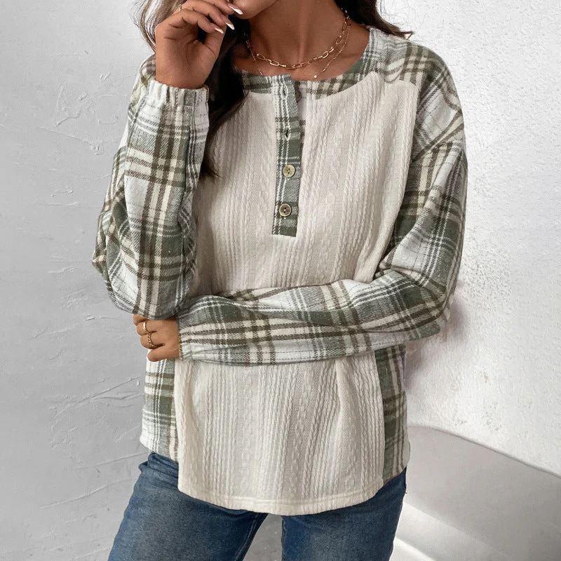 Damen Langärmeliges Strick-Blend-Shirt mit Karo-Ärmeln, Henley-Knopfleiste & Strukturmix Nord Taschen