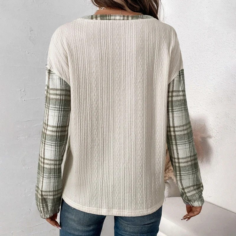 Damen Langärmeliges Strick-Blend-Shirt mit Karo-Ärmeln, Henley-Knopfleiste & Strukturmix Nord Taschen