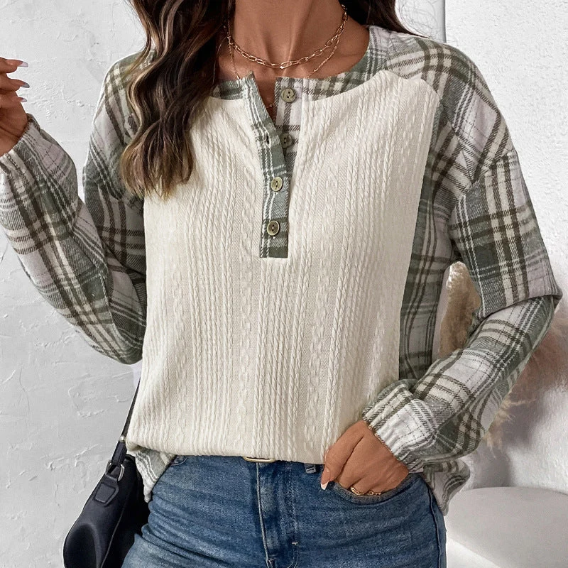Damen Langärmeliges Strick-Blend-Shirt mit Karo-Ärmeln, Henley-Knopfleiste & Strukturmix Nord Taschen