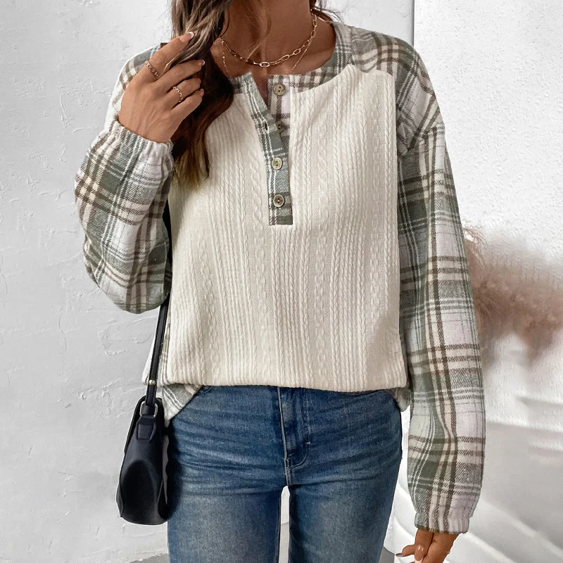 Damen Langärmeliges Strick-Blend-Shirt mit Karo-Ärmeln, Henley-Knopfleiste & Strukturmix Nord Taschen