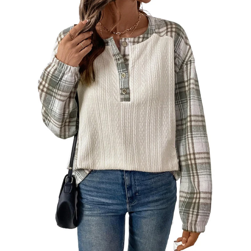 Damen Langärmeliges Strick-Blend-Shirt mit Karo-Ärmeln, Henley-Knopfleiste & Strukturmix Nord Taschen