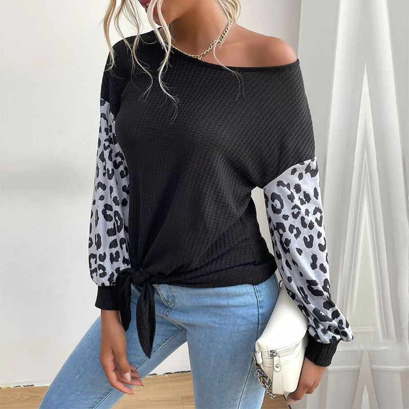 Damen Langärmeliges Waffelshirt mit Knotenfront und Kontrast-Leoärmel Nord Taschen