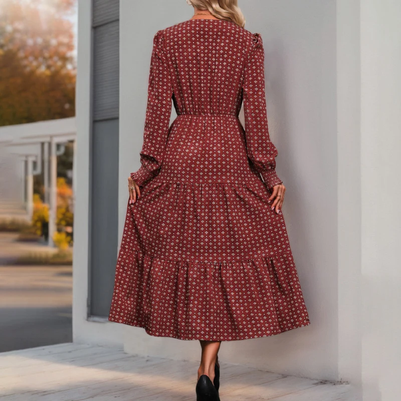 Damen Midikleid im Boho-Stil mit V-Ausschnitt, durchgehender Knopfleiste, Kordel-Taille und mehrstufigem Volantrock Nord Taschen