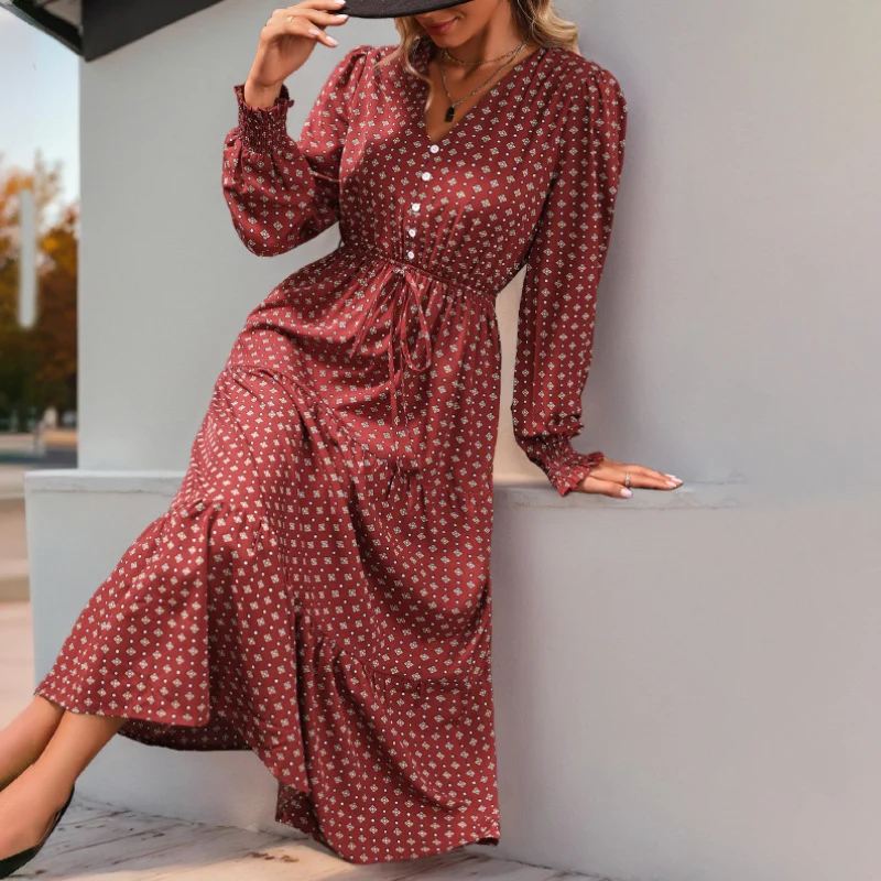 Damen Midikleid im Boho-Stil mit V-Ausschnitt, durchgehender Knopfleiste, Kordel-Taille und mehrstufigem Volantrock Nord Taschen